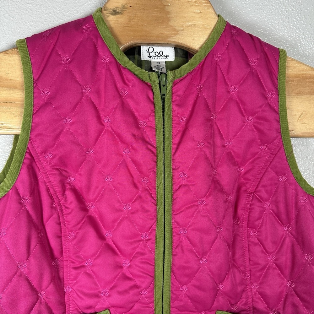 Lilly Pulitzer Vintage Pink Quilted Vest Womens Size XS Green‎ Corduroy Trim - Picture 2 of 4